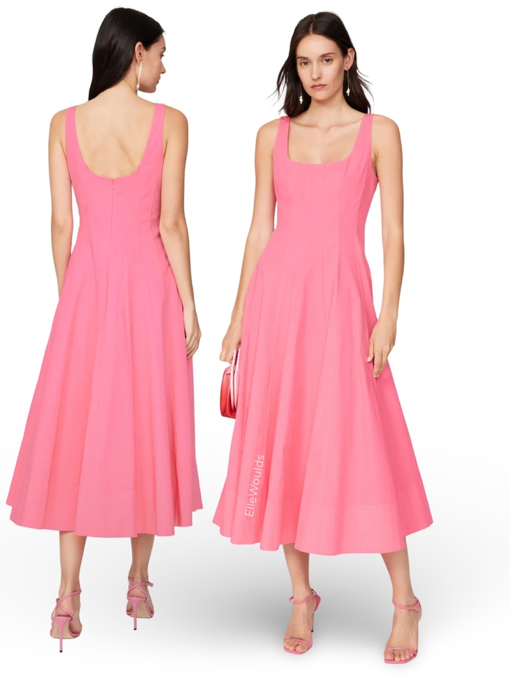 STAUD Pink Midi Fit-and-Flare Dress
